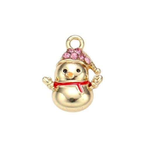 Charms, Christmas Theme, Snowman, Single-Sided, Pink, Rhinestones, Gold Plated, Alloy - BEADED CREATIONS