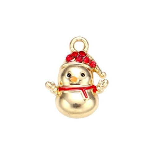 Charms, Christmas Theme, Snowman, Single-Sided, Red, Rhinestones, Gold Plated, Alloy - BEADED CREATIONS