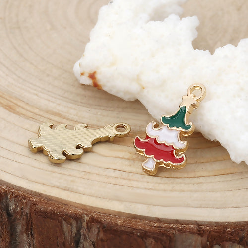 Charms, Christmas Tree With Star, Gold Plated, Single-Sided, Red, White, Green, Enamel, 20x12mm - BEADED CREATIONS