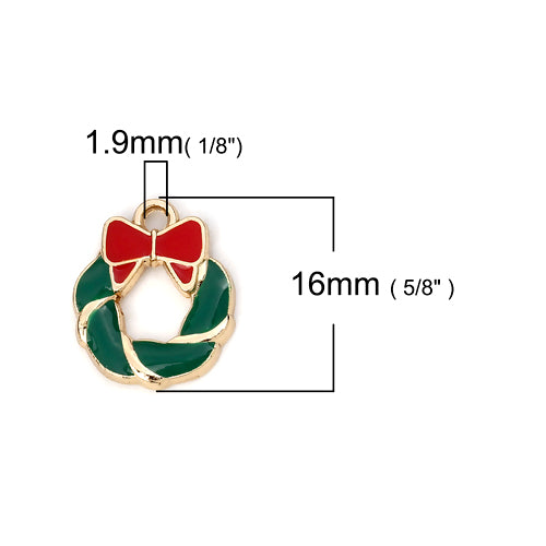 Charms, Christmas, Bowknot, Wreath, Gold Plated, Single-Sided, Red, Green, Enamel, 16mm - BEADED CREATIONS