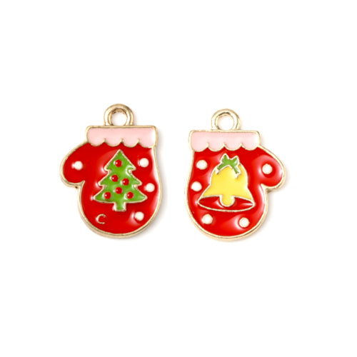 Charms, Christmas, Mittens, Gold Plated, Single-Sided, Multicolored, Enamel, 19mm - BEADED CREATIONS