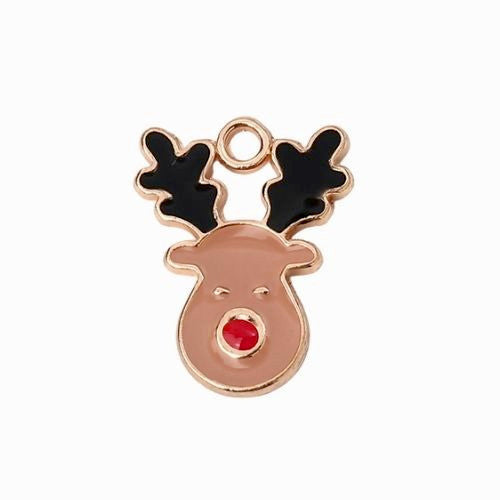 Charms, Christmas, Reindeer, Light Gold Plated, Red, Dark Salmon, Black, Enameled, 17mm - BEADED CREATIONS
