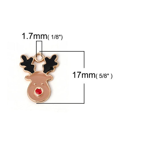 Charms, Christmas, Reindeer, Light Gold Plated, Red, Dark Salmon, Black, Enameled, 17mm - BEADED CREATIONS