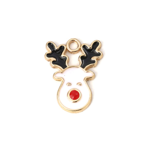 Charms, Christmas, Reindeer, Light Gold Plated, White, Red, Black, Enameled, 17mm - BEADED CREATIONS