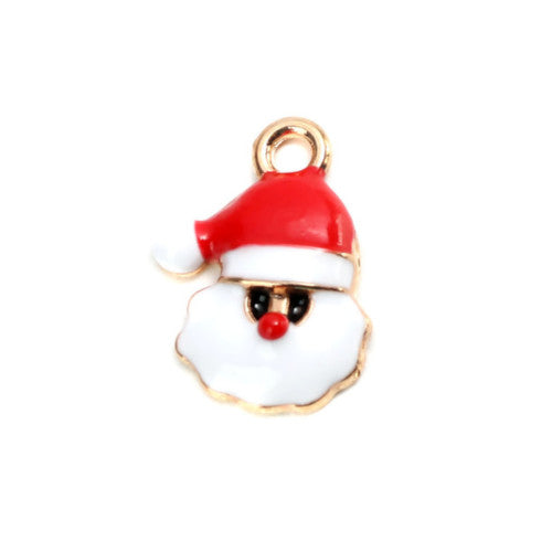 Charms, Christmas, Santa Claus Head, Gold Plated, Single-Sided, Red, White, Enamel, 19x14mm - BEADED CREATIONS