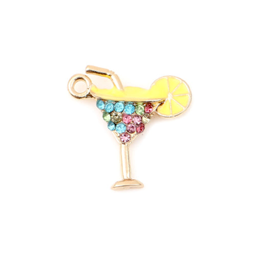 Charms, Cocktail Glass, Single-Sided, Multicolored, Enameled, Rhinestone Pave, Gold Plated, Alloy, 20mm - BEADED CREATIONS