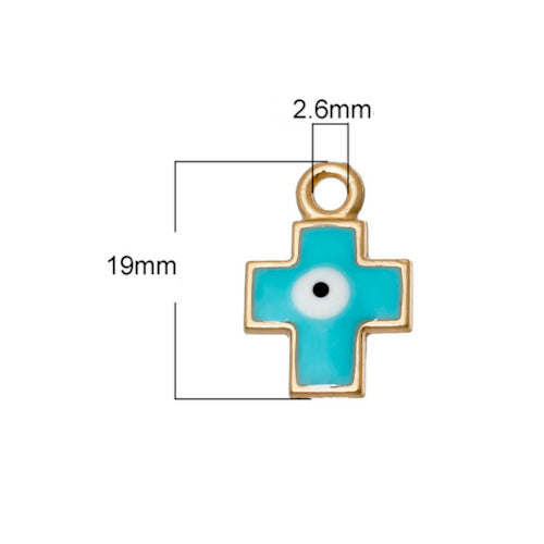Charms, Cross With Evil Eye, Enameled, Assorted Colors, Gold Plated, Alloy, 19mm - BEADED CREATIONS