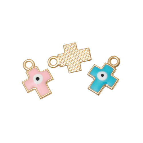 Charms, Cross With Evil Eye, Enameled, Assorted Colors, Gold Plated, Alloy, 19mm - BEADED CREATIONS