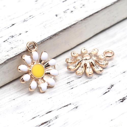 Charms, Daisy, Flower, Single-Sided, White, Yellow, Enameled, Gold Plated, Alloy, 16mm - BEADED CREATIONS