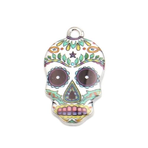 Charms, Dia De Los Muertos, Skull With Flower Design, Single-Sided, Enamel, Silver Plated, Alloy, Green, 22mm - BEADED CREATIONS