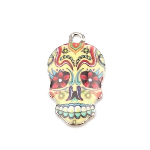 Charms, Dia De Los Muertos, Skull With Flower Design, Single-Sided, Enamel, Silver Plated, Alloy, Yellow, 22mm - BEADED CREATIONS