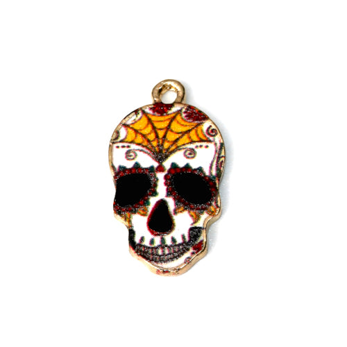 Charms, Dia De Los Muertos, Skull, Cobweb Design, Single-Sided, Enamel, Gold Plated, Alloy, Multicolored, 22mm - BEADED CREATIONS