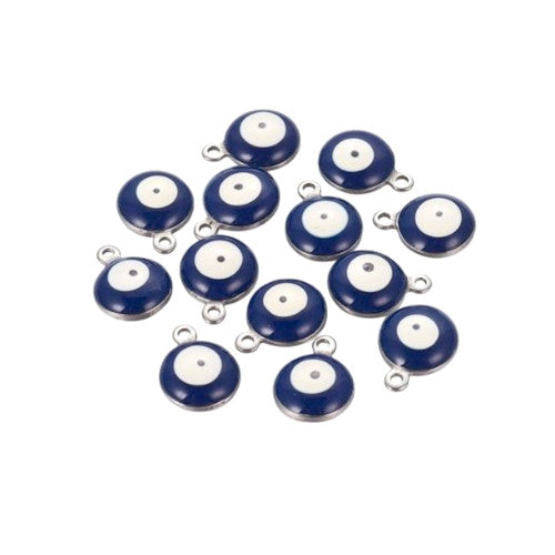 Charms, Evil Eye, Nazar, Round, 304 Stainless Steel, Silver Tone, Midnight Blue, Enamel, 13mm - BEADED CREATIONS