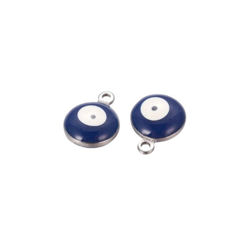 Charms, Evil Eye, Nazar, Round, 304 Stainless Steel, Silver Tone, Midnight Blue, Enamel, 13mm - BEADED CREATIONS