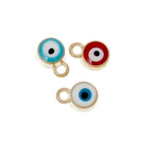 Charms, Evil Eye, Nazar, Round, Single-Sided, Assorted, Enameled, Gold Plated, Alloy 10mm - BEADED CREATIONS