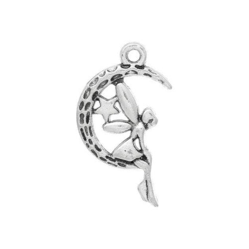 Charms, Fairy On Moon, Antique Silver, Alloy, 25mm - BEADED CREATIONS