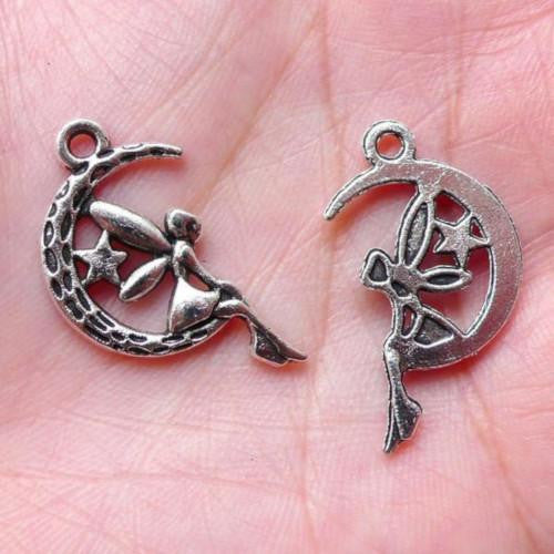 Charms, Fairy On Moon, Antique Silver, Alloy, 25mm - BEADED CREATIONS