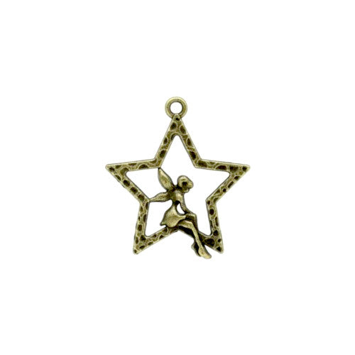 Charms, Fairy, Cut-Out, Star, Antique Bronze, Alloy, 28mm - BEADED CREATIONS