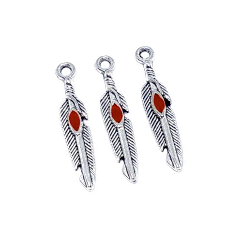 Charms, Feather, Red, Enamel, Antique Silver, Alloy, 27mm - BEADED CREATIONS