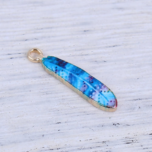 Charms, Feather, Single-Sided, Blue, Enameled, Gold Plated, Alloy, 23mm - BEADED CREATIONS