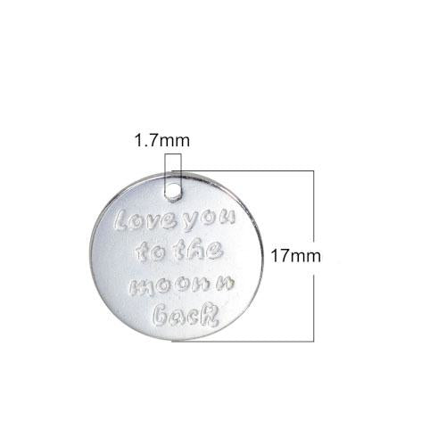 Charms, Flat, Round, Single-Sided, With Phrase Love You To The Moon, Silver Tone, Alloy, 17mm - BEADED CREATIONS