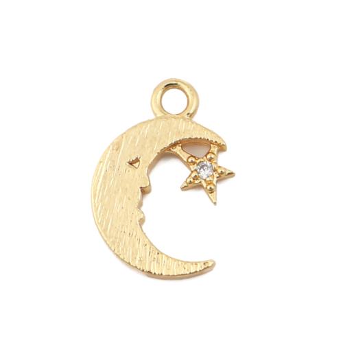 Charms, Half Moon And Star, With Clear Rhinestone, Single-Sided, 18K Gold Plated, Brass, 13mm - BEADED CREATIONS