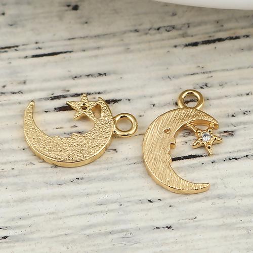 Charms, Half Moon And Star, With Clear Rhinestone, Single-Sided, 18K Gold Plated, Brass, 13mm - BEADED CREATIONS