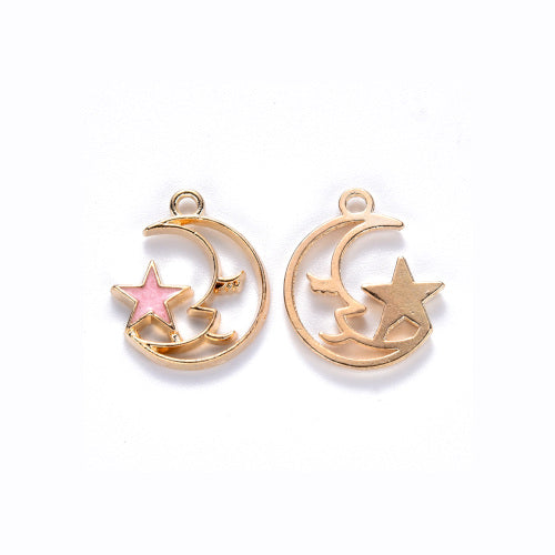 Charms, Half Moon, Single-Sided, Open Work, Light Gold, Alloy, Pink, Enamel Star, 19mm - BEADED CREATIONS