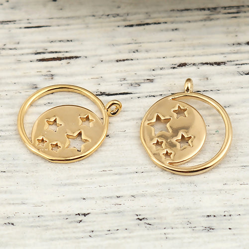Charms, Half Moon, Stars, Laser-Cut, 18K Gold Plated, Brass, 18mm - BEADED CREATIONS
