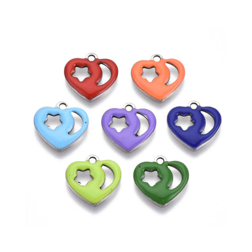 Charms, Heart, 201 Stainless Steel, Enameled, Cut-Out, Moon, Star, Single-Sided, Assorted, 13mm - BEADED CREATIONS