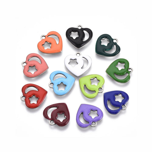 Charms, Heart, 201 Stainless Steel, Enameled, Cut-Out, Moon, Star, Single-Sided, Assorted, 13mm - BEADED CREATIONS