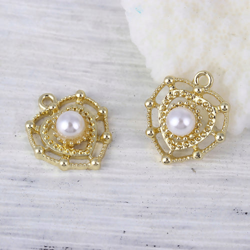 Charms, Heart, Cut-Out, Beaded, Single-Sided, Gold Plated, Alloy, White, Imitation Pearl, 18mm - BEADED CREATIONS