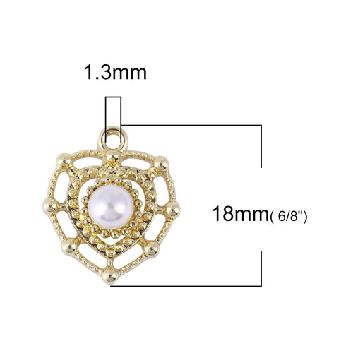 Charms, Heart, Cut-Out, Beaded, Single-Sided, Gold Plated, Alloy, White, Imitation Pearl, 18mm - BEADED CREATIONS
