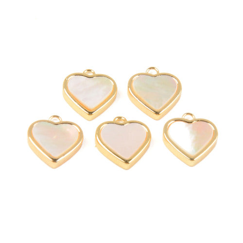 Charms, Heart, Natural, White, Mother-Of-Pearl Shell, Gold Plated, Brass, 12mm - BEADED CREATIONS