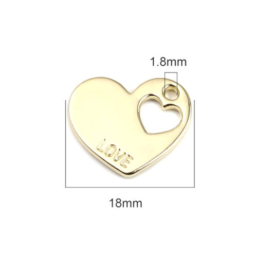 Charms, Heart, With Word "LOVE", Gold Plated, 18mm - BEADED CREATIONS