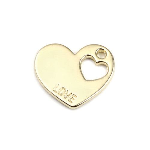 Charms, Heart, With Word "LOVE", Gold Plated, 18mm - BEADED CREATIONS
