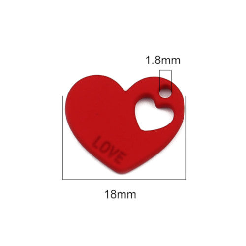 Charms, Heart, With Word "LOVE", Painted, Red, Matt, 18mm - BEADED CREATIONS