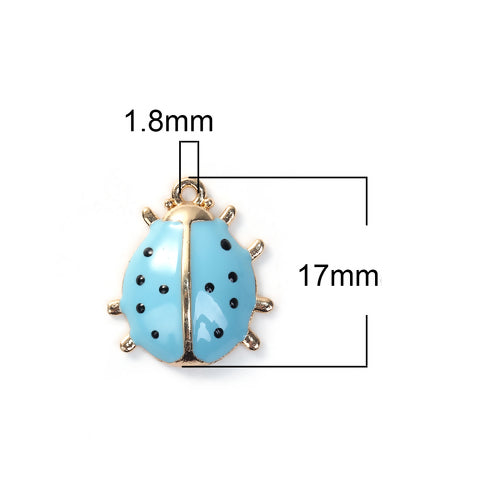 Charms, Ladybug, Gold Plated, Alloy, Light Blue, Enamel, 17mm - BEADED CREATIONS