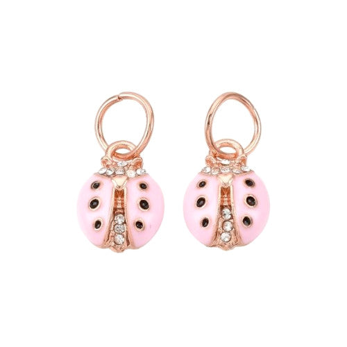 Charms, Ladybug, Rose Gold, Alloy, Pink, Enamel, Crystal Rhinestones, With Jump Ring, 14.5mm - BEADED CREATIONS