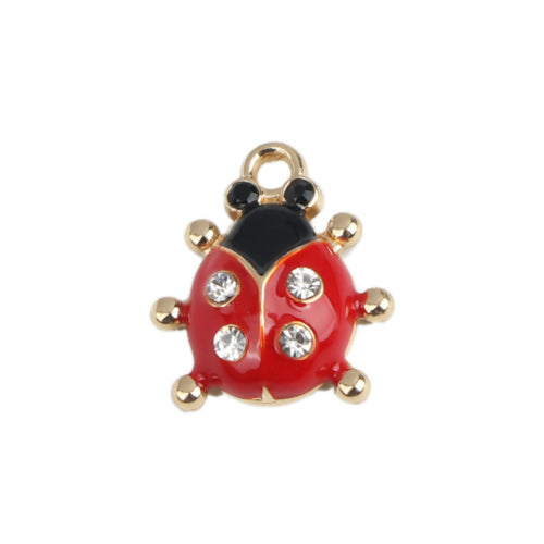 Charms, Ladybug, Single-Sided, Red, Black, Enameled, Clear Rhinestones, Gold Plated, Alloy, 19mm - BEADED CREATIONS