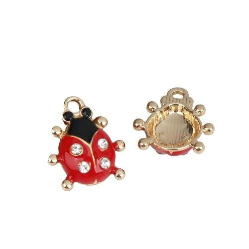 Charms, Ladybug, Single-Sided, Red, Black, Enameled, Clear Rhinestones, Gold Plated, Alloy, 19mm - BEADED CREATIONS