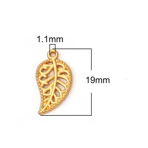 Charms, Leaf, Filigree, Matt, Gold Plated, Alloy, 19mm - BEADED CREATIONS