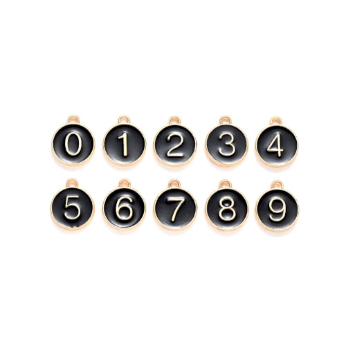 Charms, Numbers, 0-9, Round, Double-Sided, Black, Enameled, Light Gold, Plated, Alloy, 14.5mm - BEADED CREATIONS