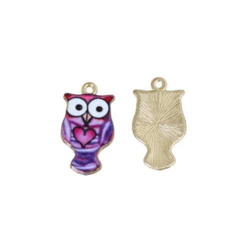 Charms, Owl, Single-Sided, Purple, Enameled, Gold Plated, Alloy, 24mm - BEADED CREATIONS