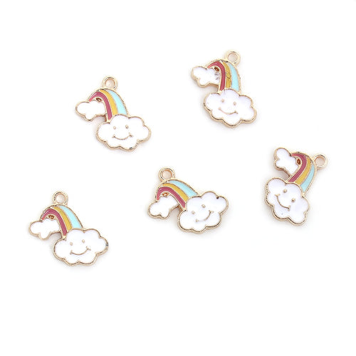 Charms, Rainbow And Clouds, Single-Sided, Gold Plated, Multicolored, Enameled, Alloy, 17mm - BEADED CREATIONS