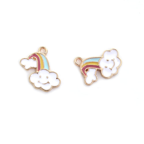 Charms, Rainbow And Clouds, Single-Sided, Gold Plated, Multicolored, Enameled, Alloy, 17mm - BEADED CREATIONS