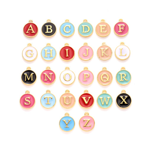 Charms, Round, Double-Sided, Alphabet, Capital Letters, Multicolored, Enameled, Gold Plated, Alloy, A-Z, 14mm - BEADED CREATIONS