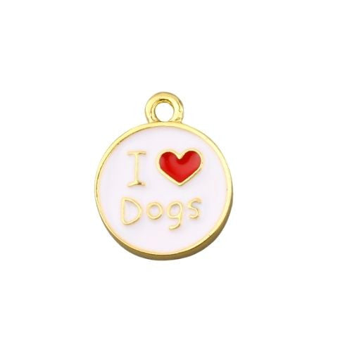 Charms, Round, Double-Sided, I Love Dogs, White, Red, Enamel, Drop, Gold Plated, Alloy, 18mm - BEADED CREATIONS