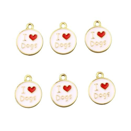 Charms, Round, Double-Sided, I Love Dogs, White, Red, Enamel, Drop, Gold Plated, Alloy, 18mm - BEADED CREATIONS