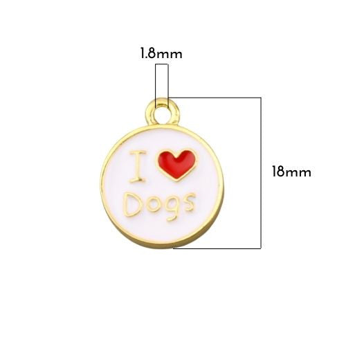 Charms, Round, Double-Sided, I Love Dogs, White, Red, Enamel, Drop, Gold Plated, Alloy, 18mm - BEADED CREATIONS